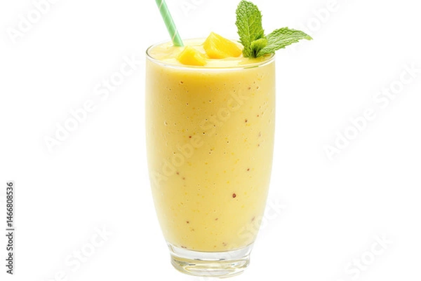 Fototapeta Refreshing mango smoothie in glass garnished with mint sprig and fruit chunks served with a green straw