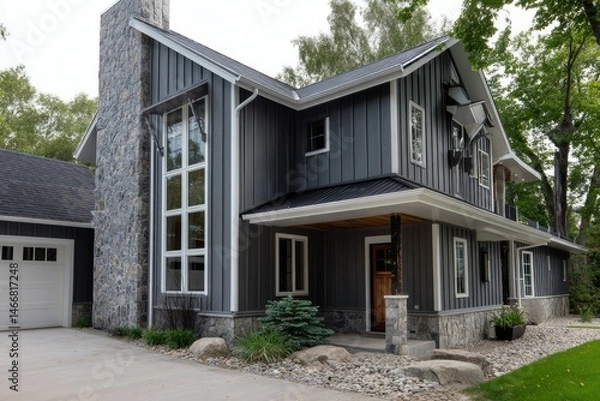 Fototapeta Modern cottage look with vertical siding and rock trim --ar 3:2 --v 7 Job ID: 6512114e-4d77-4d7b-9d20-620df4bc72aa