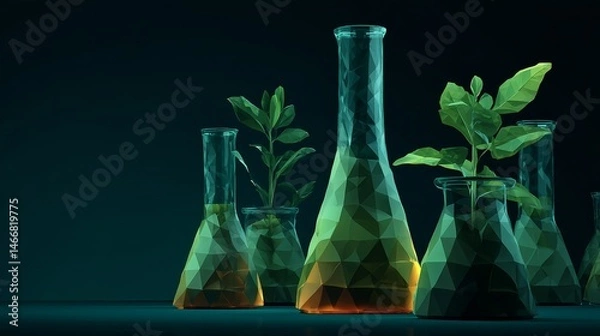 Fototapeta Low-poly glowing laboratory flasks with green plants on a dark background visualize futuristic eco-technology and sustainable science in 3D vector style.