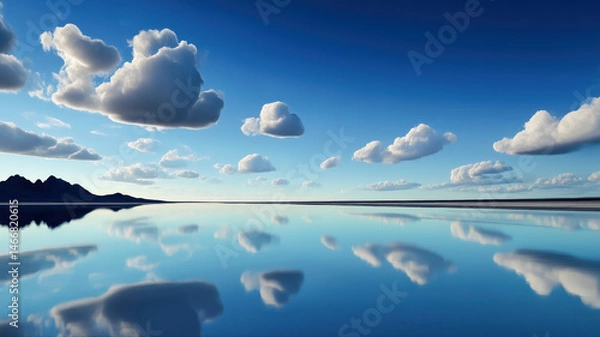 Fototapeta cumulus clouds drift serenely over mirror-like water at dawn