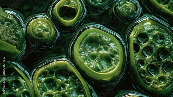 Fototapeta Macro view of green algae patterns in water, ideal for biology and microbiology learning visuals.