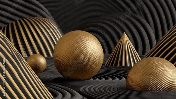 Fototapeta Minimalist 3D backdrop with black-gold cones, spheres, and toruses--geometric concept for digital design. 