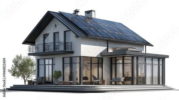 Fototapeta Modern home with rooftop solar panels shown isolated on a clean white background.