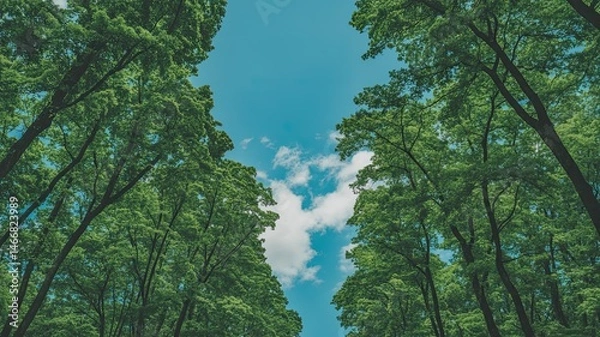 Fototapeta Looking Up at Clear Blue Sky Framed by Lush Green Tree Branches and Leaves, Capturing a Serene Natural Canopy Scene from Below in a Bright, Sunny Outdoor Setting