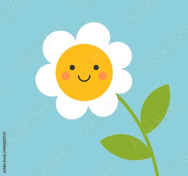 Fototapeta Cute smiling white flower over blue sky background. Simple flower flat design element. Vector illustration.