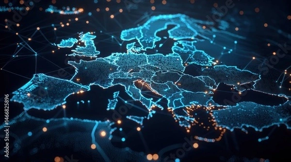 Fototapeta Futuristic Digital Map of Europe Highlighting Capitals with High Fidelity Visualization