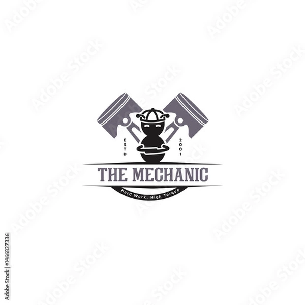 Obraz A bold and edgy logo design featuring a cool ant character wearing a backward cap, standing confidently with arms crossed, and two mechanical pistons in the background. Named The Mechanic, this logo r
