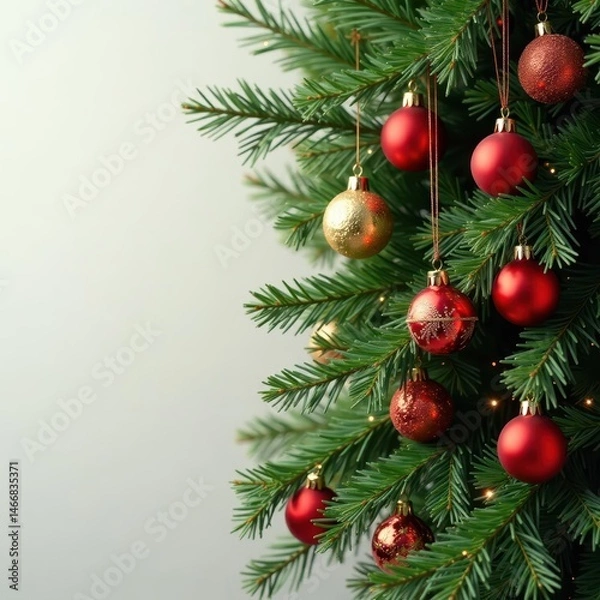 Fototapeta Luxurious evergreen branch draped in shimmering red and gold baubles , opulent, detail, shimmer