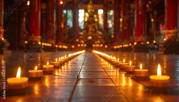Fototapeta Illuminated Pathway in a Red Temple Interior