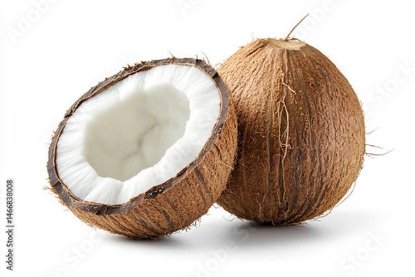 Fototapeta A close-up of two coconuts, one whole and the other halved, with the white coconut flesh visible. The bright, clean background emphasizes the natural texture and freshness of the coconut.