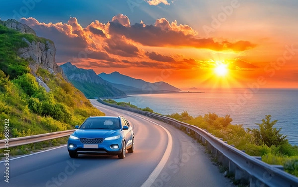 Fototapeta A car drives along a coastal road at sunset, with mountains in the background and the vibrant colors of the setting sun reflecting on the road, evoking a sense of adventure and freedom.