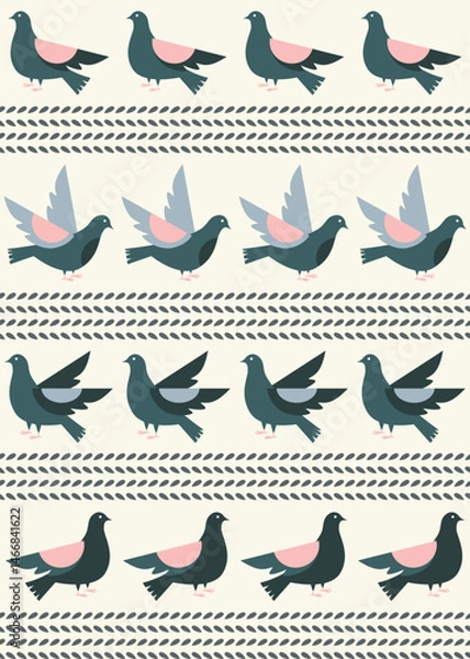 Obraz Geometric pigeon pattern with soft pastel colors. Seamless bird stripes pattern in folk style. Minimalist pigeon repeat design with leaves. Stylized pigeon rows pattern in soft tones