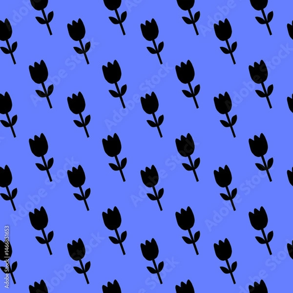 Fototapeta Black Tulip Pattern on Blue Background Floral Pattern Seamless Flower Pattern