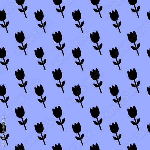 Fototapeta Black Tulip Floral Pattern on a Light Blue Background Floral Pattern Seamless Flower Pattern