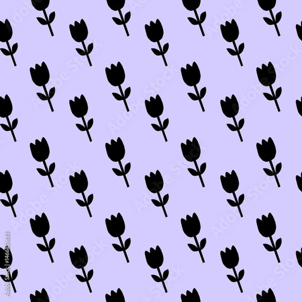 Fototapeta Black Tulip Pattern on Lavender Background Floral Pattern Seamless Flower Pattern
