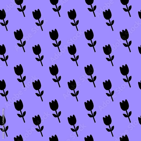Fototapeta Black Tulip Pattern on Lavender Background Floral Pattern Seamless Flower Pattern