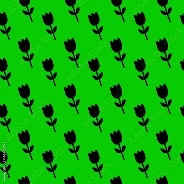 Fototapeta Black Tulip Pattern on Vibrant Green Background Floral Pattern Seamless Flower Pattern