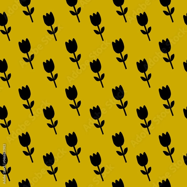 Fototapeta Black Tulip Pattern on Mustard Yellow Background Floral Pattern Seamless Flower Pattern