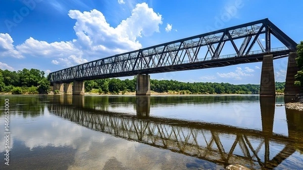 Fototapeta A modern steel bridge spanning a wide, clear river, its sleek lines mirrored in the water under a bright blue sky. Crisp and detailed.  