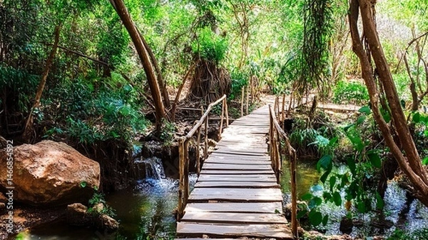 Obraz A narrow wooden bridge crossing a small, bubbling creek in a forest, the surrounding trees creating a peaceful, shaded haven. 
