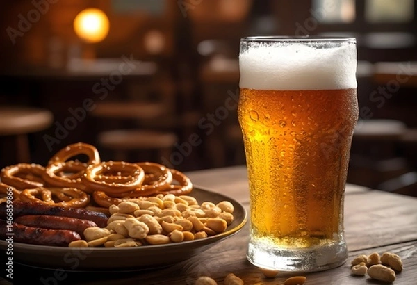 Fototapeta Cold glass of beer with frothy foam served with pretzels, peanuts, and sausages. Chilled draft beer and traditional bar snacks, perfect for Oktoberfest or happy hour. Golden beer with foam and snacks