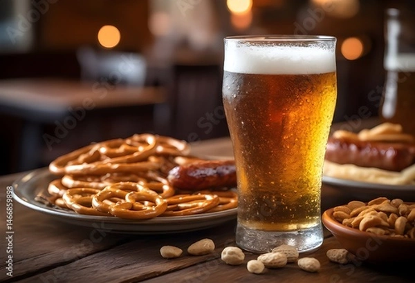 Fototapeta Cold glass of beer with frothy foam served with pretzels, peanuts, and sausages. Chilled draft beer and traditional bar snacks, perfect for Oktoberfest or happy hour. Golden beer with foam and snacks 