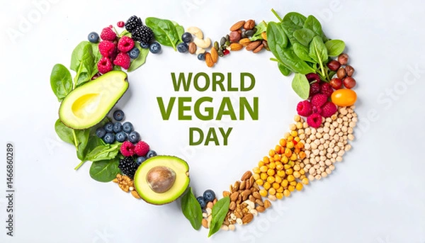 Fototapeta A heart shape formed by vibrant vegan ingredients—avocado, berries, spinach, chickpeas, and nuts—surrounds "WORLD VEGAN DAY" text on a light background