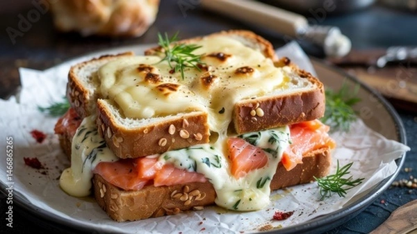 Fototapeta Freshly baked croc monsieur of salmon, served warm and with a golden crust. The top slice of bread is covered with melted golden Emmental cheese, slightly crispy and bubbly after grilling.