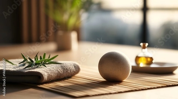 Fototapeta Serene Spa Setting Relaxing Beige Ball Aromatherapy Towel and Essential Oil