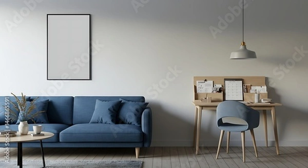 Fototapeta Modern Living Room Interior Design with Blue Sofa and Desk Setup