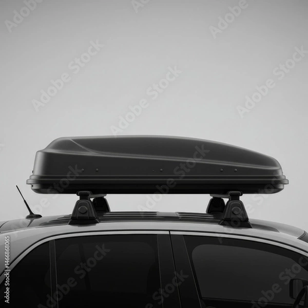 Fototapeta Black rooftop cargo box on a gray car, showing the exterior accessories. Rooftop carrier for a modern vehicle in a neutral color scheme.