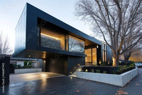 Fototapeta Sleek house with inset garage under cantilever --ar 3:2 --v 7 Job ID: 14dd47b4-e3a4-4206-a31b-2333f3571898