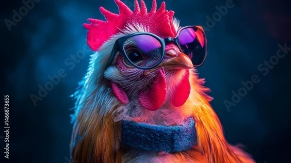 Fototapeta A playful rooster flaunts its personality by wearing trendy sunglasses, set against a vivid and colorful background