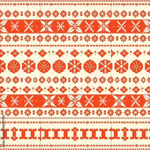 Fototapeta Burnt orange Nordic snowflake Fair Isle geometric knit design pattern.
