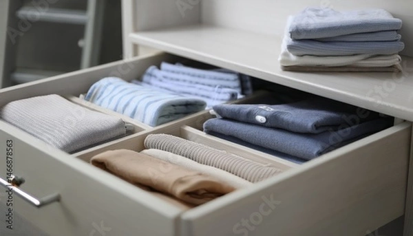 Obraz Organizers with folded clothes in drawer indoors