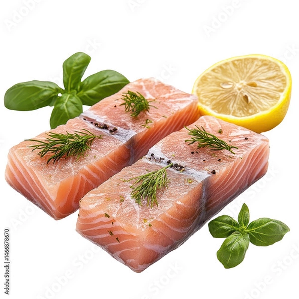 Fototapeta Fresh Salmon Fillets with Lemon and Herbs for Healthy Cooking on transparent background