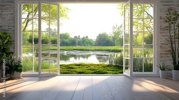 Obraz open glass windows with natural pond well-maintained lawn high resolution, ultra realistic, stock photo style
