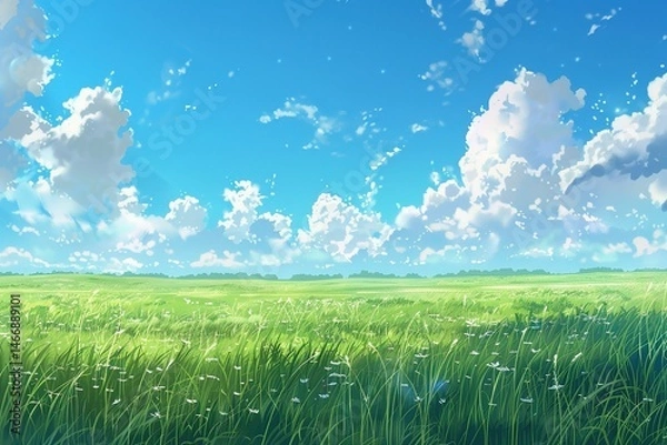 Fototapeta Scenic meadow vista with a vibrant blue sky and fluffy clouds a peaceful countryside