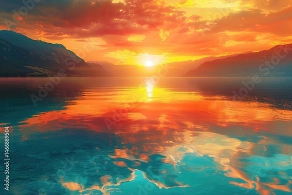 Fototapeta Vibrant sunset over a calm lake reflecting the fiery sky and mountain silhouette
