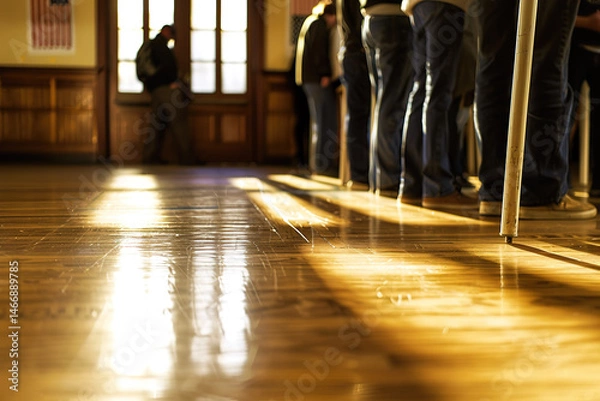 Fototapeta People stand in line waiting for an unspecified event in a building with wood floors