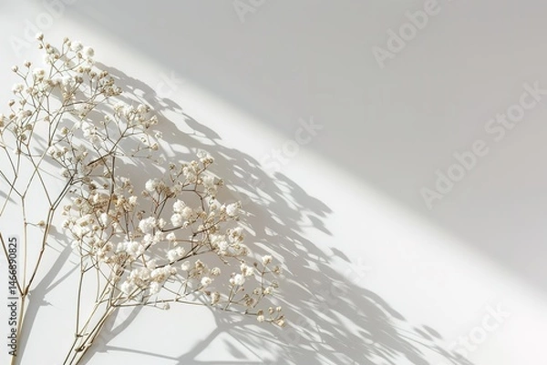 Fototapeta Delicate white flowers casting shadows on a bright minimalist white surface