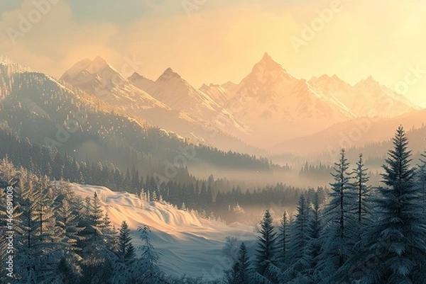 Fototapeta Snowy Mountain Vista: A serene view of frosted peaks and winter forest bathed in soft light