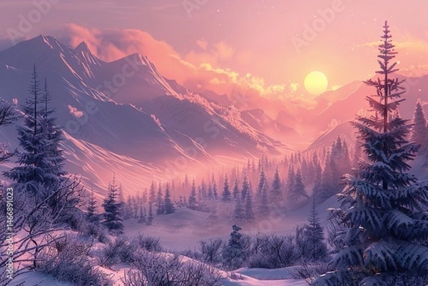 Fototapeta Winter wonderland: Snowy mountains and frosted trees bathed in a soft pink sunset glow