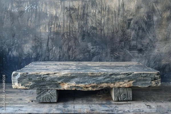 Fototapeta Rustic wooden platform against a textured dark grey backdrop for product display