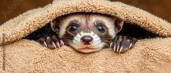 Obraz Adorable Ferret Peeking from under a cozy blanket, showcasing its curious expression and fluffy paws in a warm atmosphere