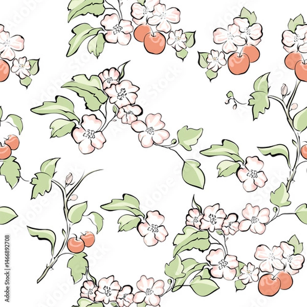 Obraz Vector seamless pattern. Spring pink flowers and bright green leaves on fragile branches isolated from white background. The pattern will bring spring mood and tenderness to any project.