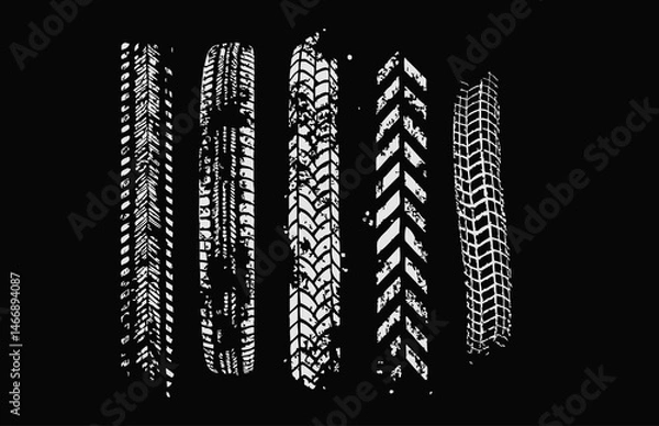 Fototapeta Skid Mark and Tire Track Set — Grunge Textures and Dirty Rubber Trails for Cars, Bikes, and Off-Road Vehicle Illustrations