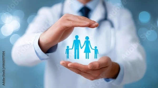 Obraz Telemedicine AI doctor concept. Protective hands around family icon in healthcare setting
