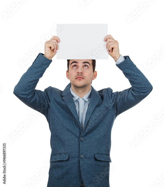 Obraz Businessman holding a white paper above head looks up, business idea concept, isolated on transparent background