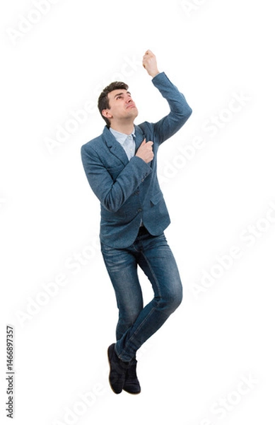 Obraz Afraid Businessman climbing on a imaginative rope isolated on transparent background